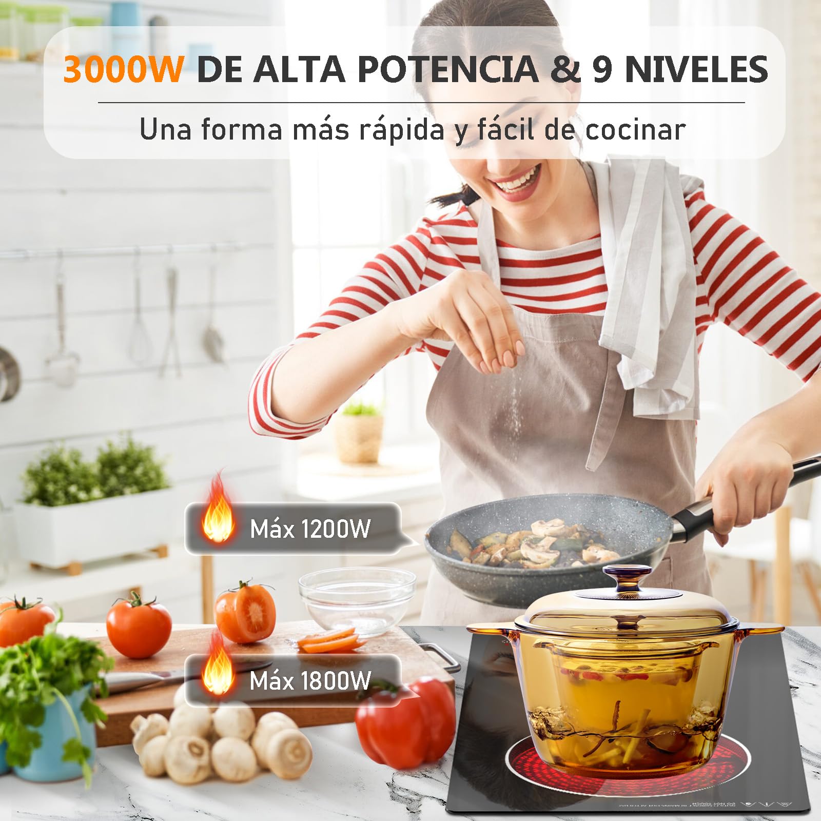 Placa Vitroceramica 2 Fuegos 30cm, 3000W Placas Cocina Construido con Enchufe, Placa Vitrocerámica con 9 Posiciones de Calor, Bloqueo de Seguridad, Cronómetro, Mandos Táctiles