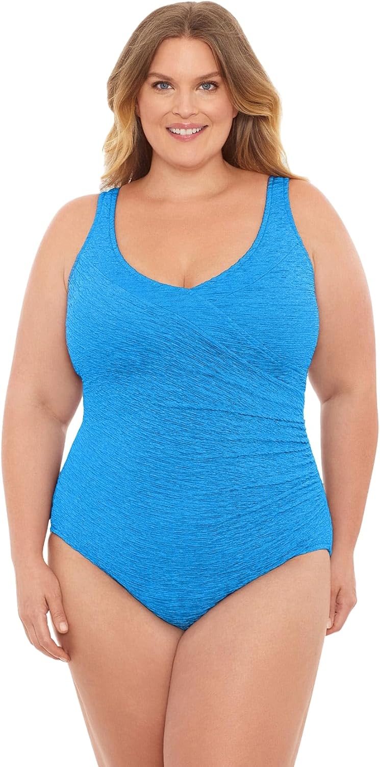 CHLORINE RESISTANT KRINKLE TEXTURED SOLID MOCK SURPLICE PLUS SIZE ONE PIECE