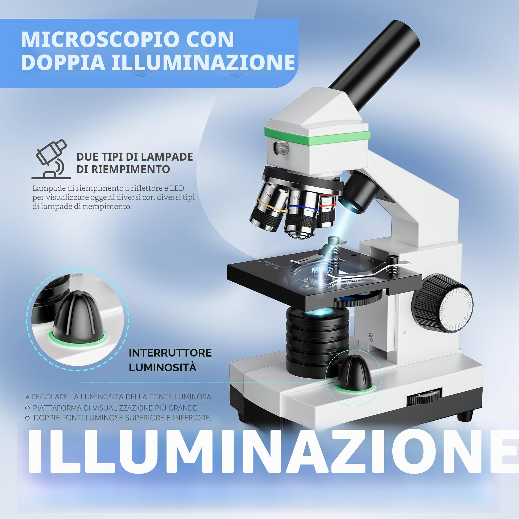 Microscopio 100X-3000X per bambini e adulti, microscopi biologici professionali per studenti, scuole, laboratori e case, accessori completi per principianti