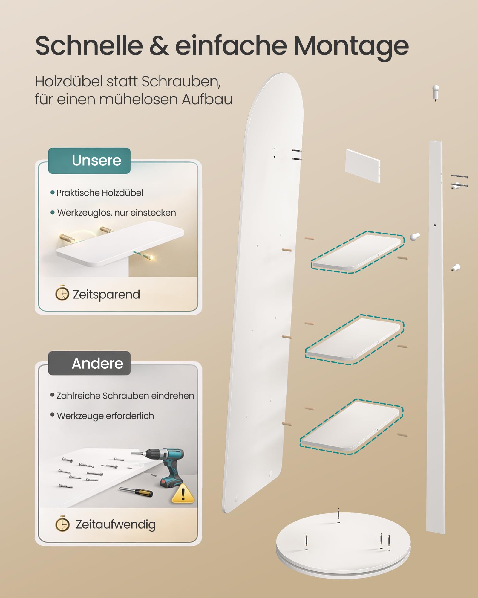 SONGMICS Ganzkörperspiegel, Standspiegel, 360° drehbarer Spiegel, 163 x 45 cm, mit Sockel, Ablagen und Haken, klares Hartglas, für Schlafzimmer, Wohnzimmer, gewölbter Spiegel, wolkenweiß LFM037WB01