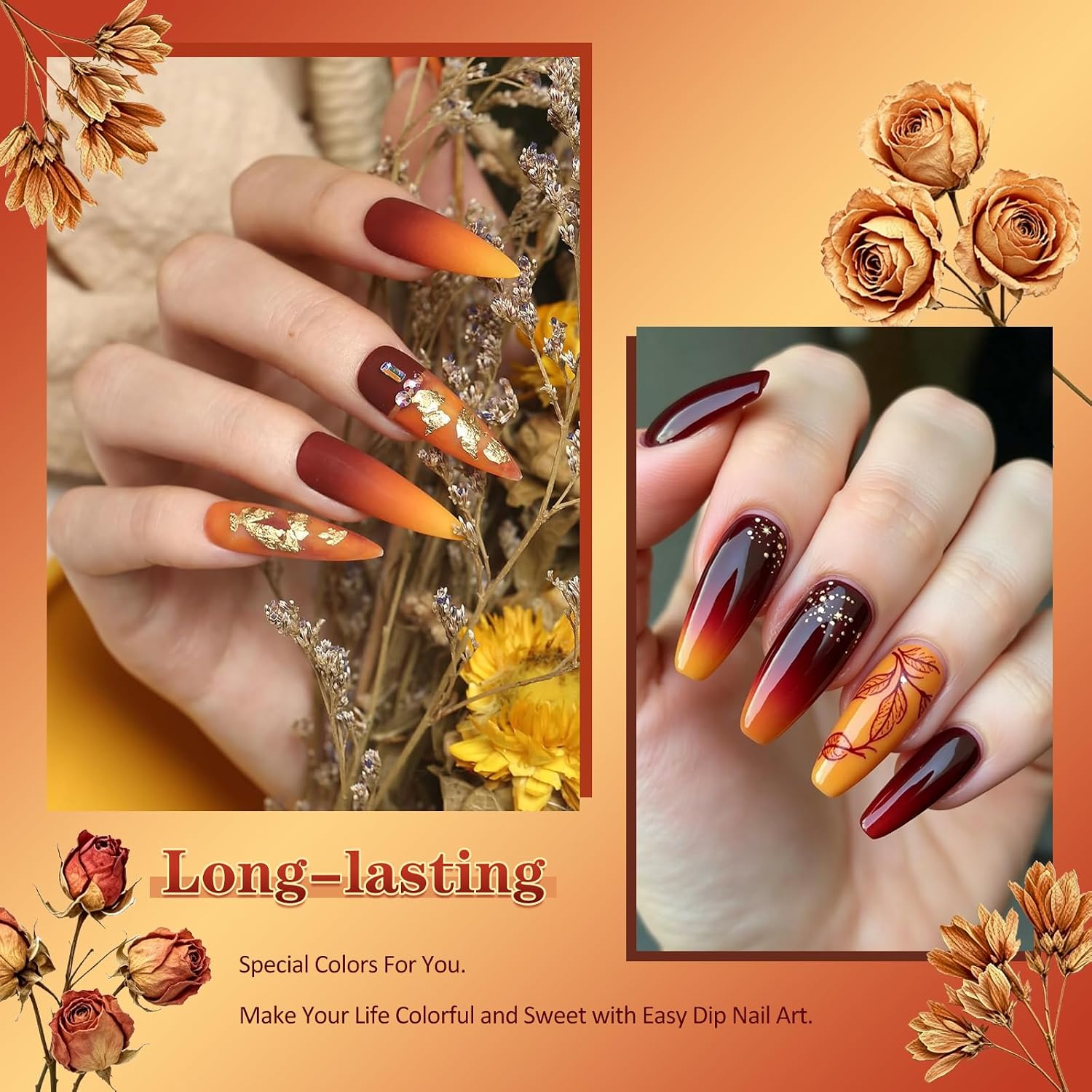 28g/Box Brown Red and Orange Temperature Color Change Dip Powder Nails Dipping Nails Long-lasting Nails No UV Light Needed, (W-No.22)