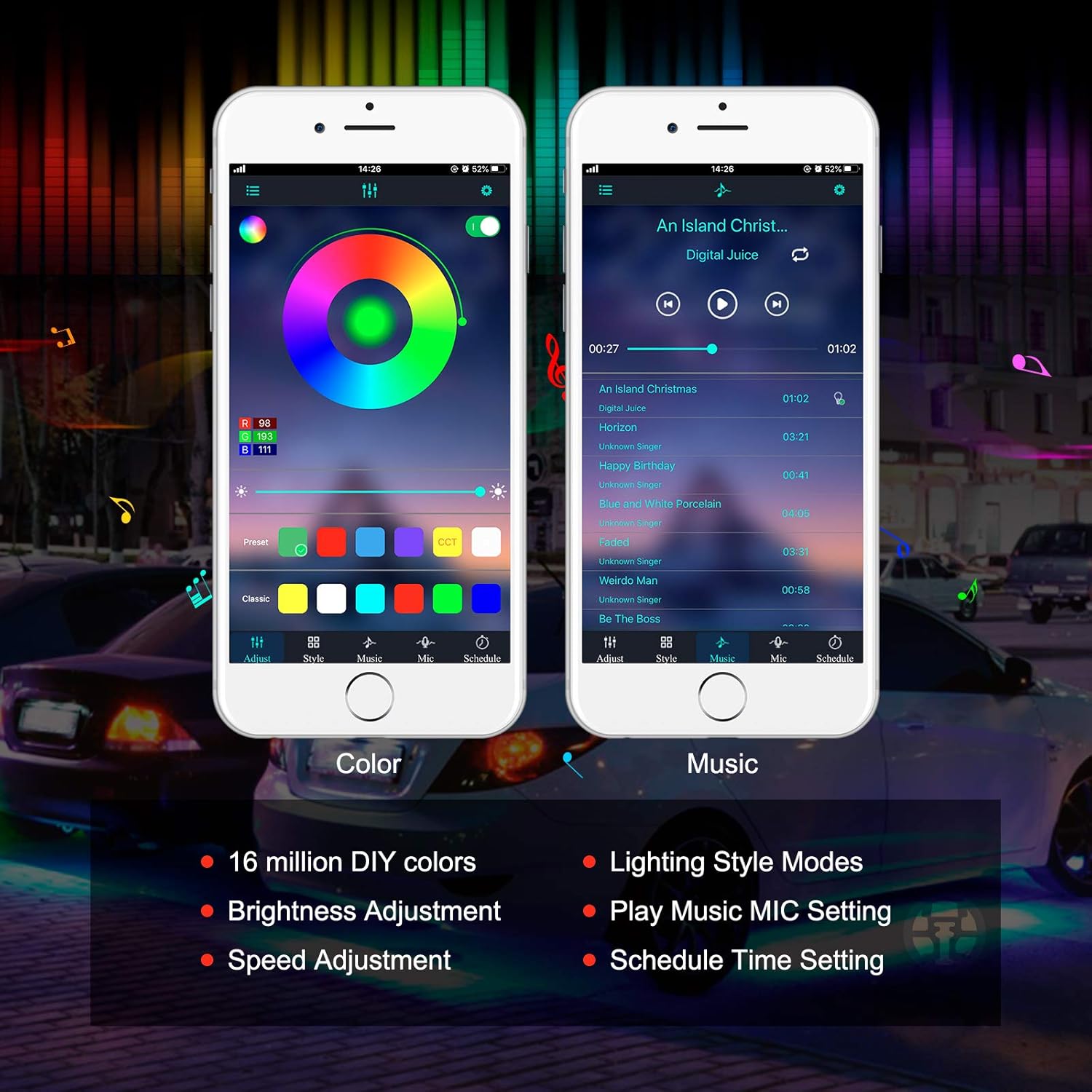 MICTUNING Car Underglow Lights, 4Pcs Bluetooth Lighting Kit with APP and Remote Dual Control, Waterproof 12V Exterior Underbody Neon LED Light Strips for All Cars,16 Million Colors, Music DIY Mode : Automotive