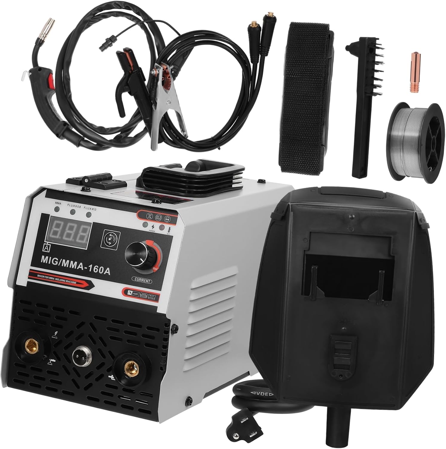 All components of the Veemoon MIG/MMA-160A welding machine package, including the main unit, welding torch, ground clamp, electrode holder, welding mask, wire brush, and flux-cored wire.