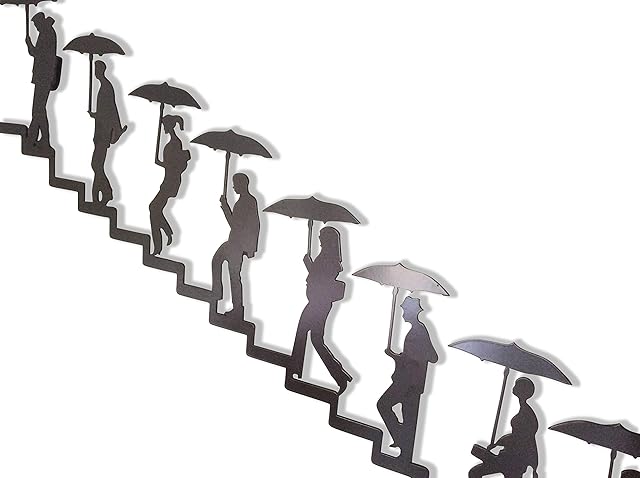 Haute Collage Walking up the Stairs Metal Wall Art Wall Mural People Silhouette Walking up the stairs in Rain Wall-hanging Outdoor Indoor Staircase Decoration Plaque