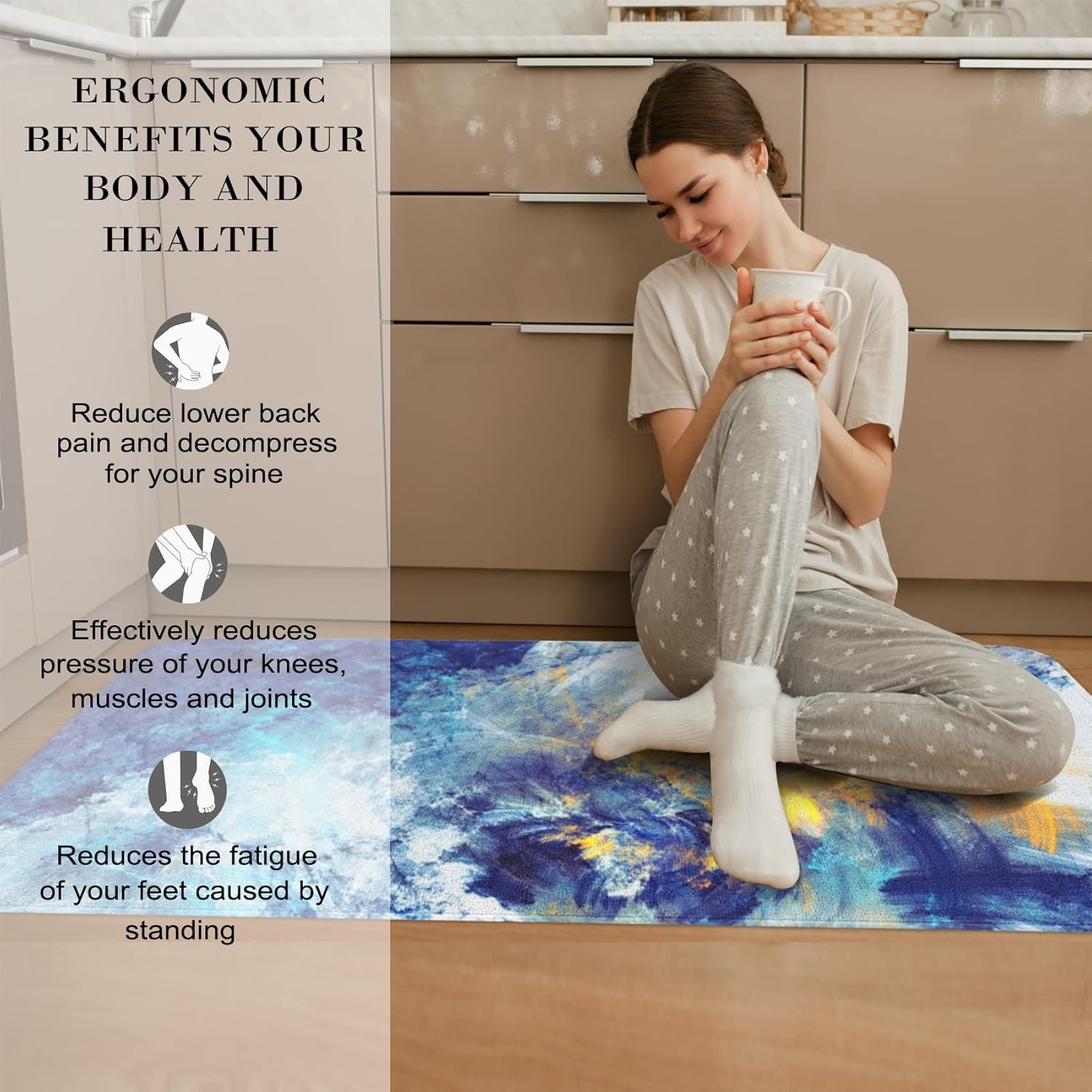 2 Pieces Kitchen Rugs, Abstract Anti Fatigue Non Slip Foam Cushioned Bright Yellow Royal Blue Modern Comfort Indoor Floor Mat Runner Rug Set for Laundry Office Sink Bathroom (17"X48"+17"X24")