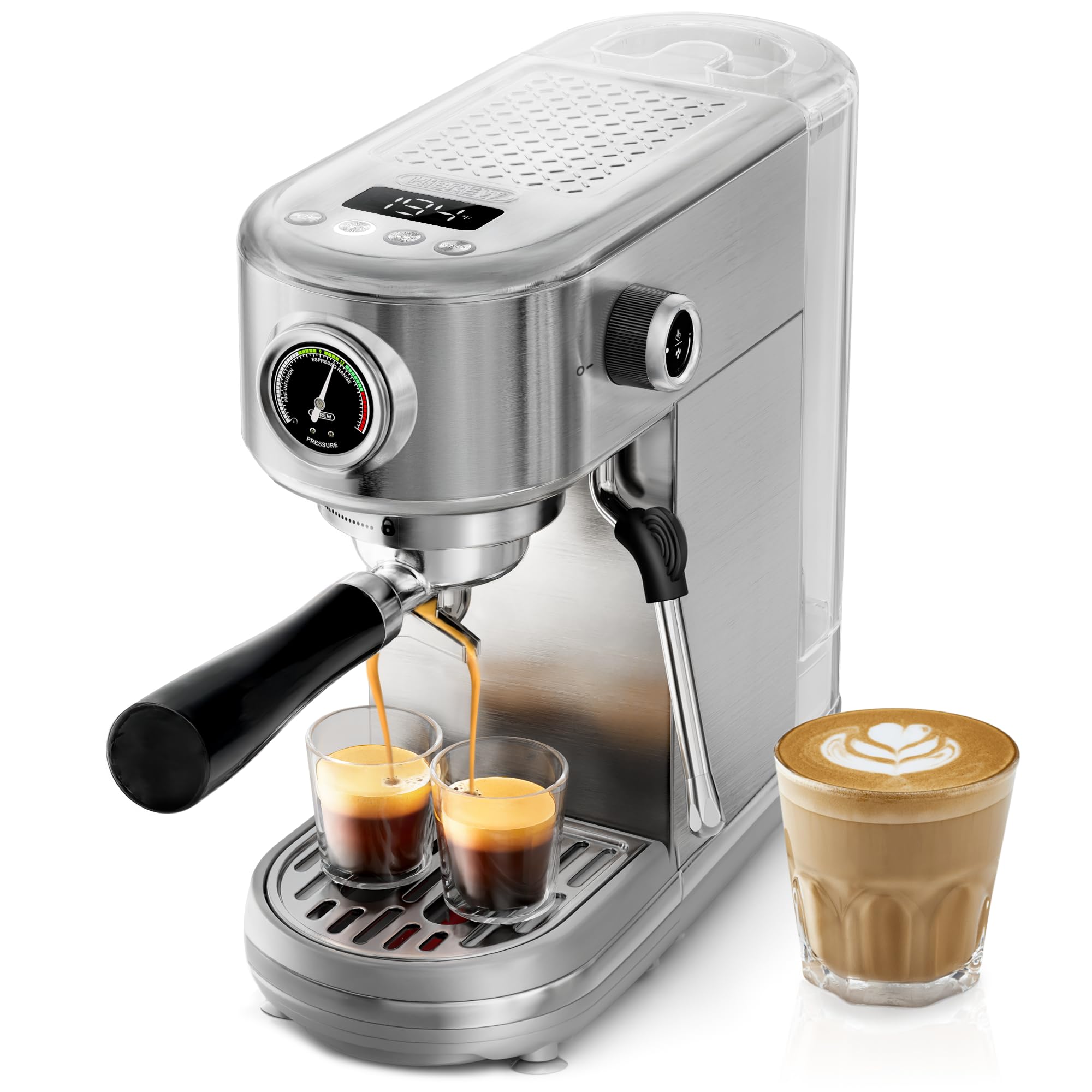 HIBREW H10B Programmierbare Espressomaschine, gebürsteter Edelstahl, einstellbare Temperatur, Milchaufschäumer