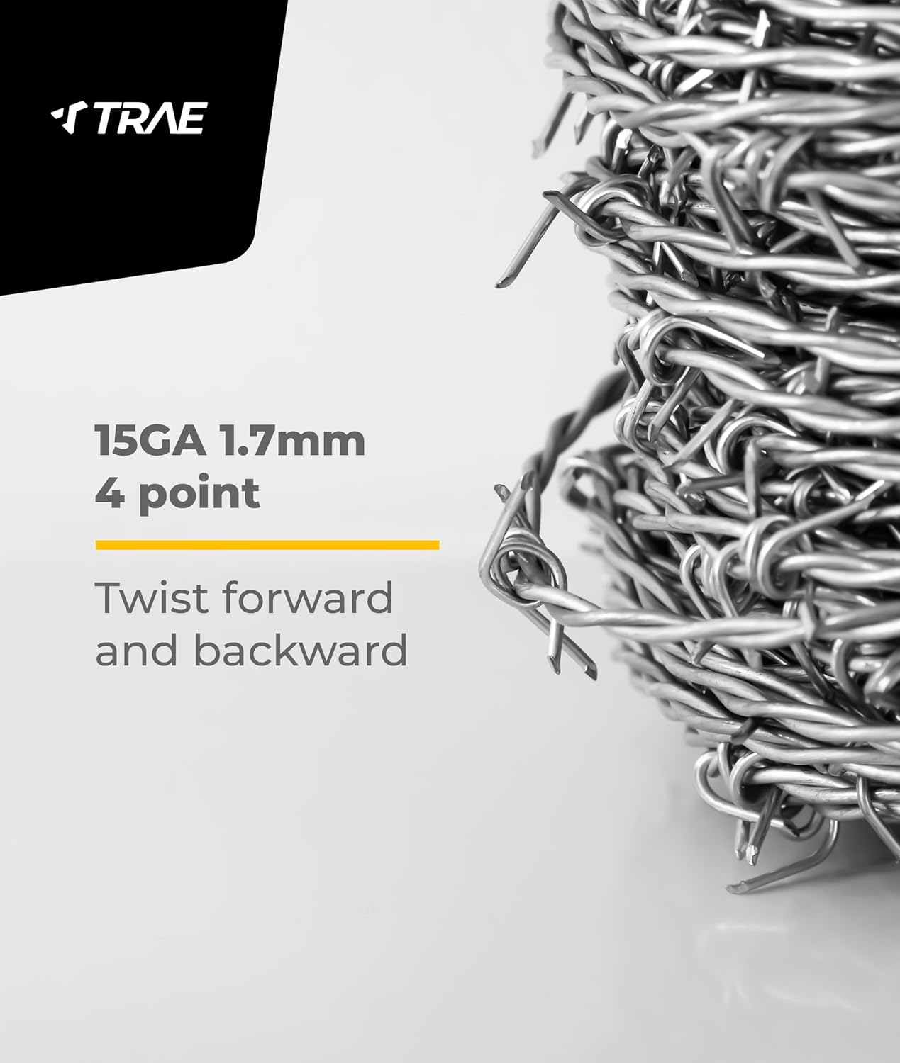 TRAE Barbed Fence Wire 100M (328FT) 15GA 1.7mm | 4-Point Forward & Reverse Twist Barbed Wire | Heavy-Duty Electro Galvanized Steel for Farm, Ranch, Livestock & Property Security Fence