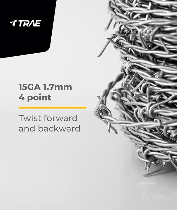 TRAE Barbed Fence Wire 100M (328FT) 15GA 1.7mm | 4-Point Forward & Reverse Twist Barbed Wire | Heavy-Duty Electro Galvanized Steel for Farm, Ranch, Livestock & Property Security Fence by Trae - Used condition - Image 5