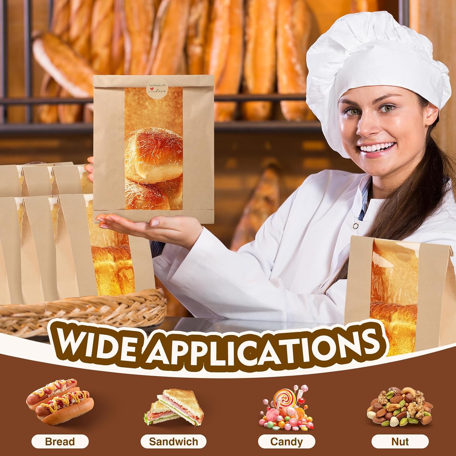 30 Pieces Paper Bread Loaf Bag Toast Paper Bag Brown Bakery Bag with Window for Food Storage(13.8" x 8.3" x 3.5")