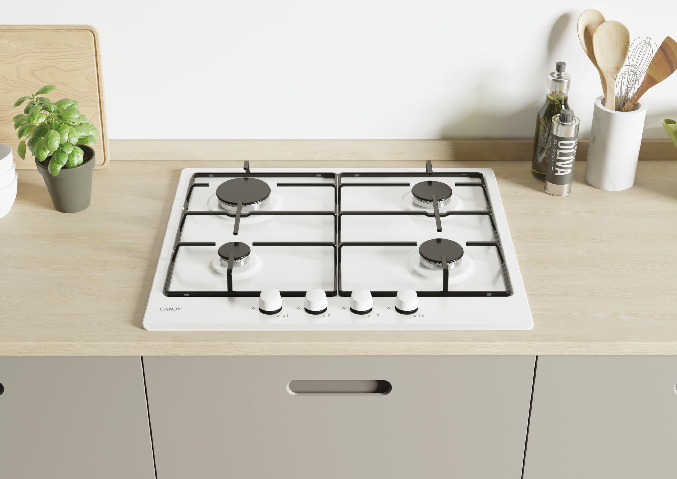 Candy Idea Piano Cottura a Gas 4 Fuochi, Acciaio Inossidabile, Griglie Smaltate Lavabili in Lavastoviglie, 59,5 x 51 x 1 cm, Bianco - CHW6BRWW