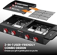 Vista 5 de Royal Gourmet GD4002T Combo de Parrilla y Plancha Tailgater de 4 Quemadores, Parrilla Portátil de Gas Propano de Superficie Plana con Salida