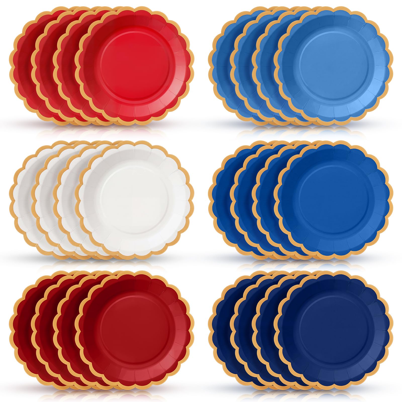 48 Pcs 4th of July Paper Plates 9 Inch Red White and Blue Scalloped Paper Disposable Dinner Dessert Plates for Independence Day 250th Anniversary Party Birthday Wedding Decoration, 6 Colors
