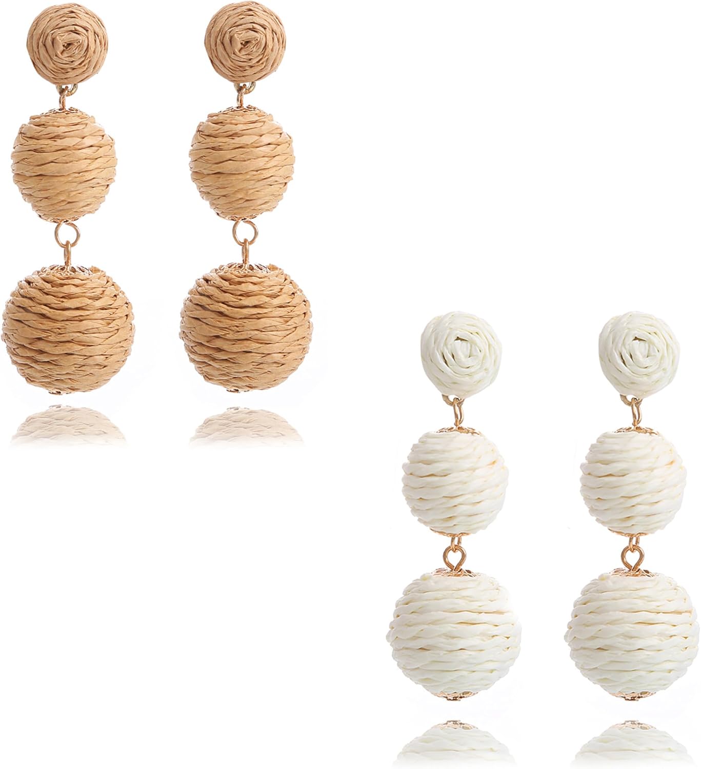 4 Pairs Handmade Raffia Rattan Bohemian Round Drop Dangle Earrings for Women, Boho Statement Cute Fun Hoop Earrings Set
