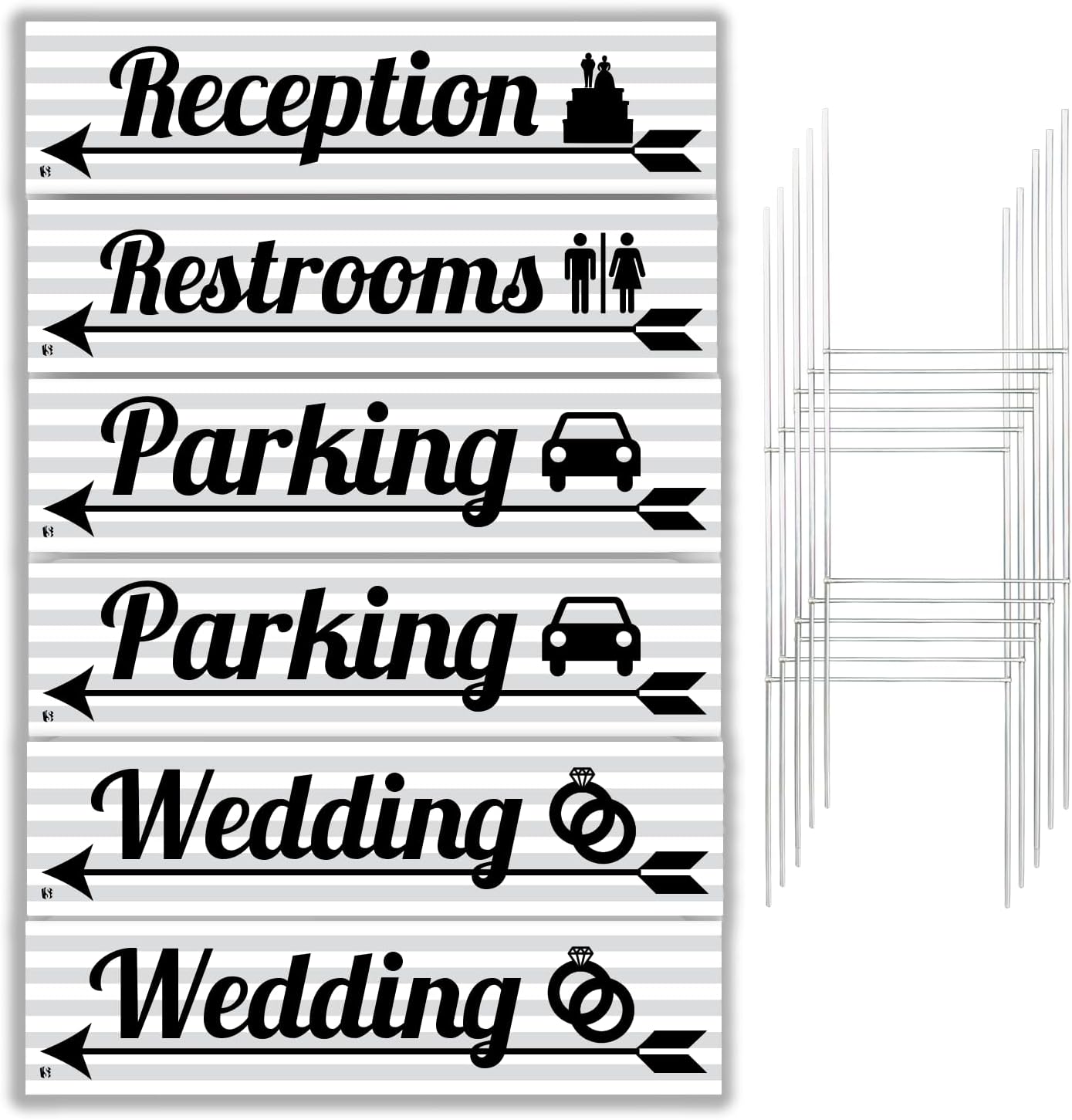 Wedding Signs 6 Pack | Grey and White Striped with Black Writing | 6 x 24 inch Lawn Signs with H-stakes | Wedding, Parking, Restrooms, and Reception