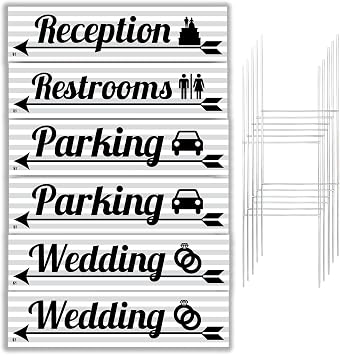 Wedding Signs 6 Pack | Grey and White Striped with Black Writing | 6 x 24 inch Lawn Signs with H-stakes | Wedding, Parking, Restrooms, and Reception