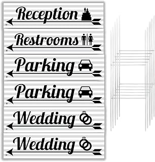 Wedding Signs 6 Pack | Grey and White Striped with Black Writing | 6 x 24 inch Lawn Signs with H-stakes | Wedding, Parking, Restrooms, and Reception