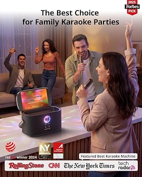 Ikarao Karaoke Machine for Adults, with Lyrics Display Screen, 2 Self-Charging Wireless Microphones, Autotune & EQ, 140W Speaker, Connect TV, Portable Karaoke System for Home, Family, Party, Travel