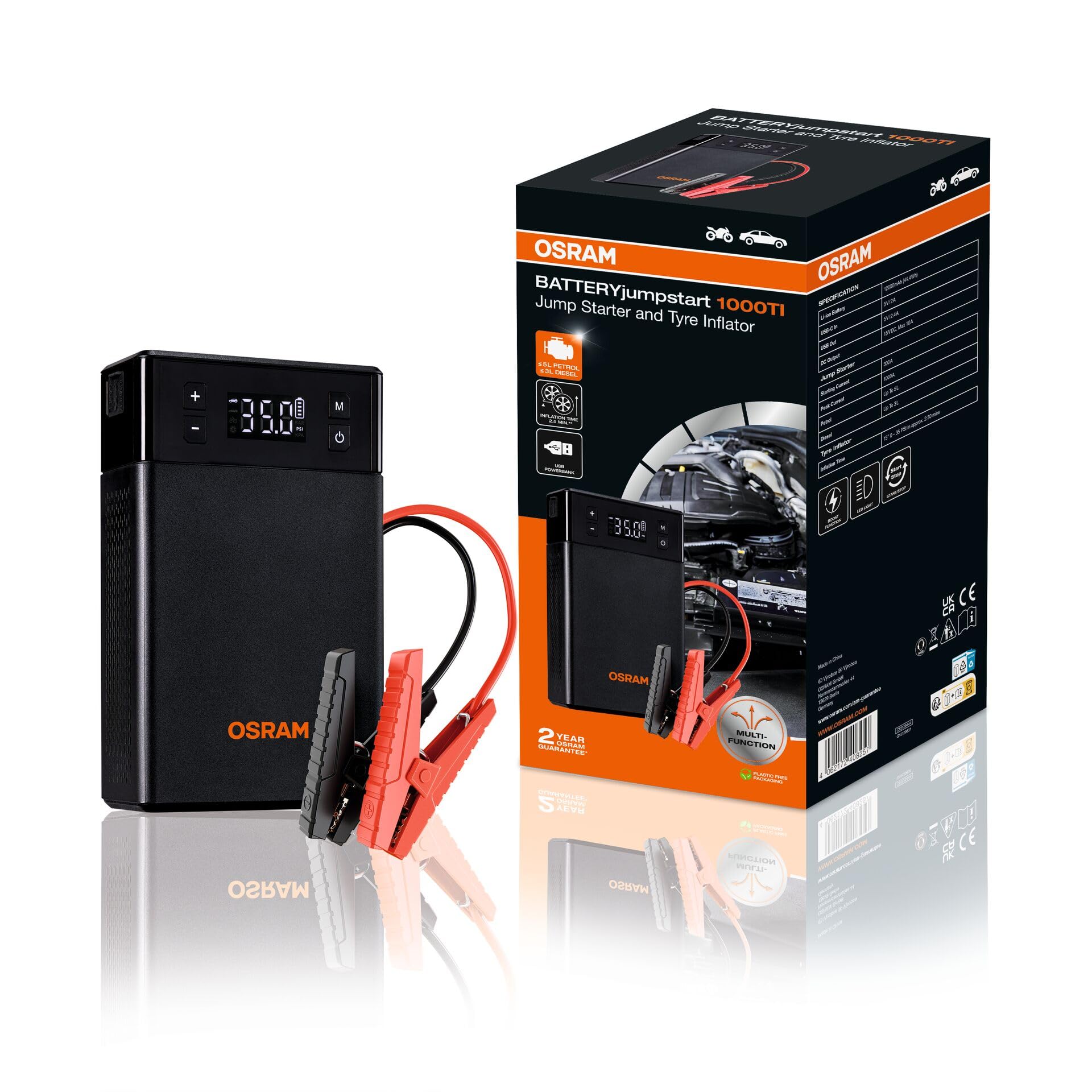 OSRAM BATTERYjumpstart 1500, Starthilfe Powerbank, Lithium-Starthilfegerät, für 12V-Fahrzeuge mit bis zu 6.0L Benzin- und 3.0L Dieselmotoren