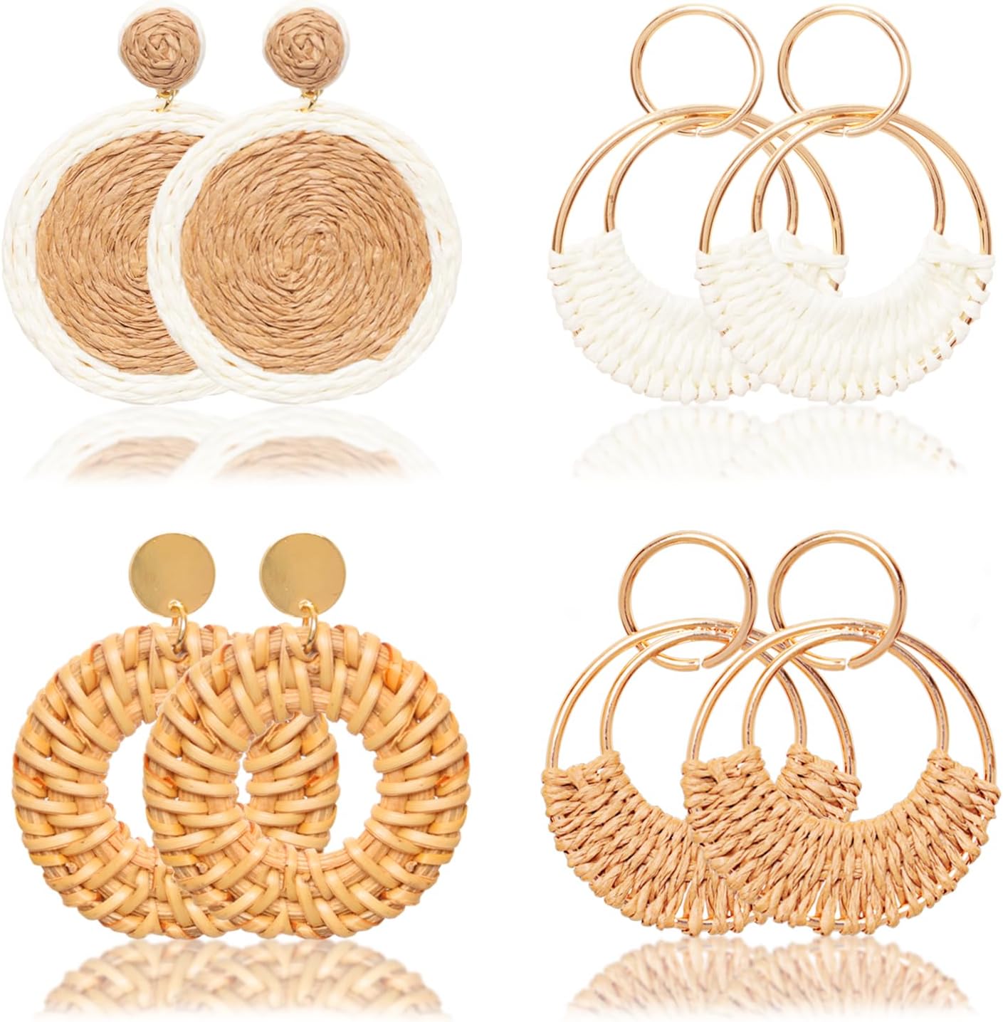 4 Pairs Dainty Handmade Boho Earrings Raffia Rattan Earrings for Women Round Woven Drop Dangle Beach Earrings Set