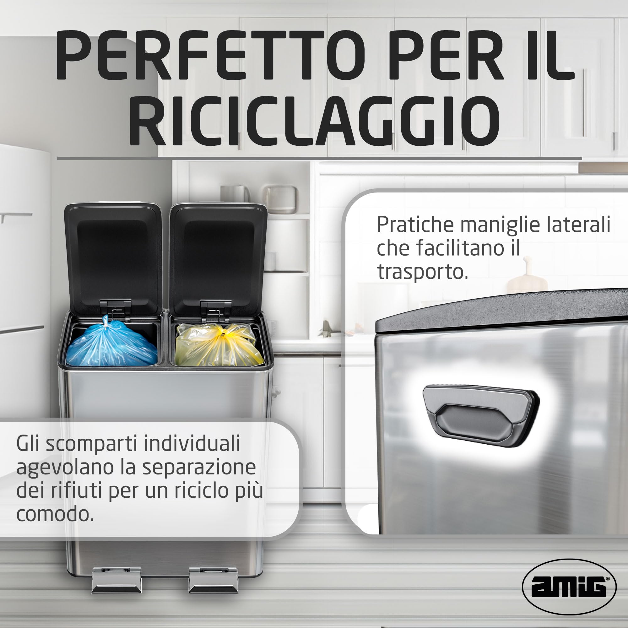 Amig - Pattumiera Doppia per Raccolta Differenziata con Pedali Mod. RECIK EVO 40 L - 2 Scomparti da 20 L ciascuno - Acciaio Inossidabile - 45 x 30 x 52 cm - Argento