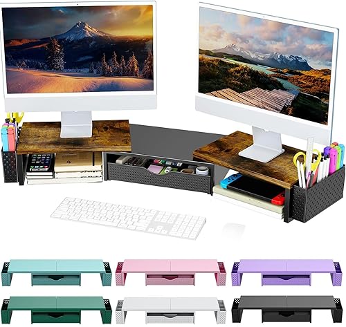 Spacrea Organizadores y accesorios de escritorio de metal, soporte elevador de monitor doble con cajón y 2 soportes para bolígrafos, accesorios de
