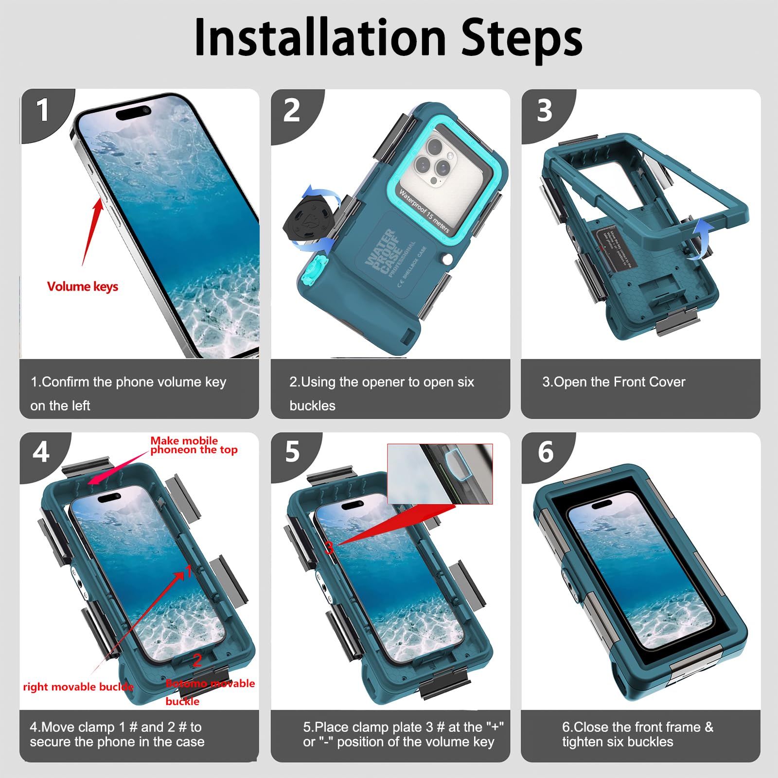 Kfisiso - Funda impermeable para teléfono de buceo, ajuste universal con iPhone 17/16/15/14/13 Pro Max Plus (tecla de volumen del teléfono a la izquierda), carcasa subacuática profesional para buceo