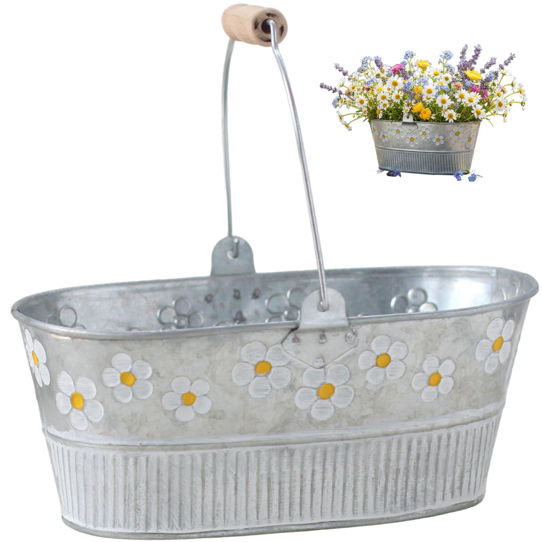 Latemeia Galvanized Flower Bucket, 4.5x7.7inch Flower Patten Metal Planter Buckets with Handles, Farmhouse Rustic Tin Container for Herbs, Succulents, Wedding or Tabletop Decor