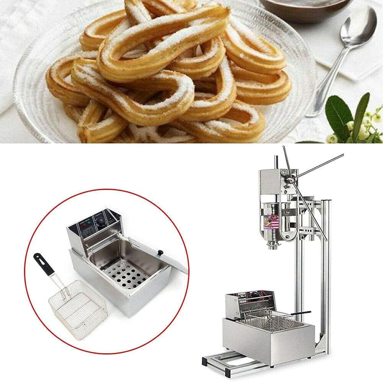 TYH Machine À Beignets Espagnole Verticale avec Friteuse 5 L, Machine À Churros Manuelle Commerciale, Remplisseuse Manuelle, Machine À Churros Espagnole Verticale en Acier Inoxydable