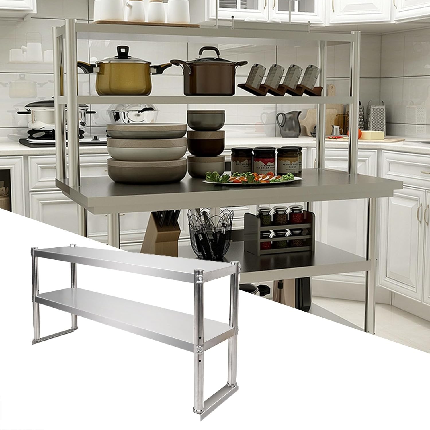 Kitchen Workbench Double-Tier Stand Shelving Worktable Commercial Stainless Steel Workstation Preparation Platform for Restaurants Homes and Kitchens Height 60cm(120x20x60cm/47.2x7.9x23.6”)