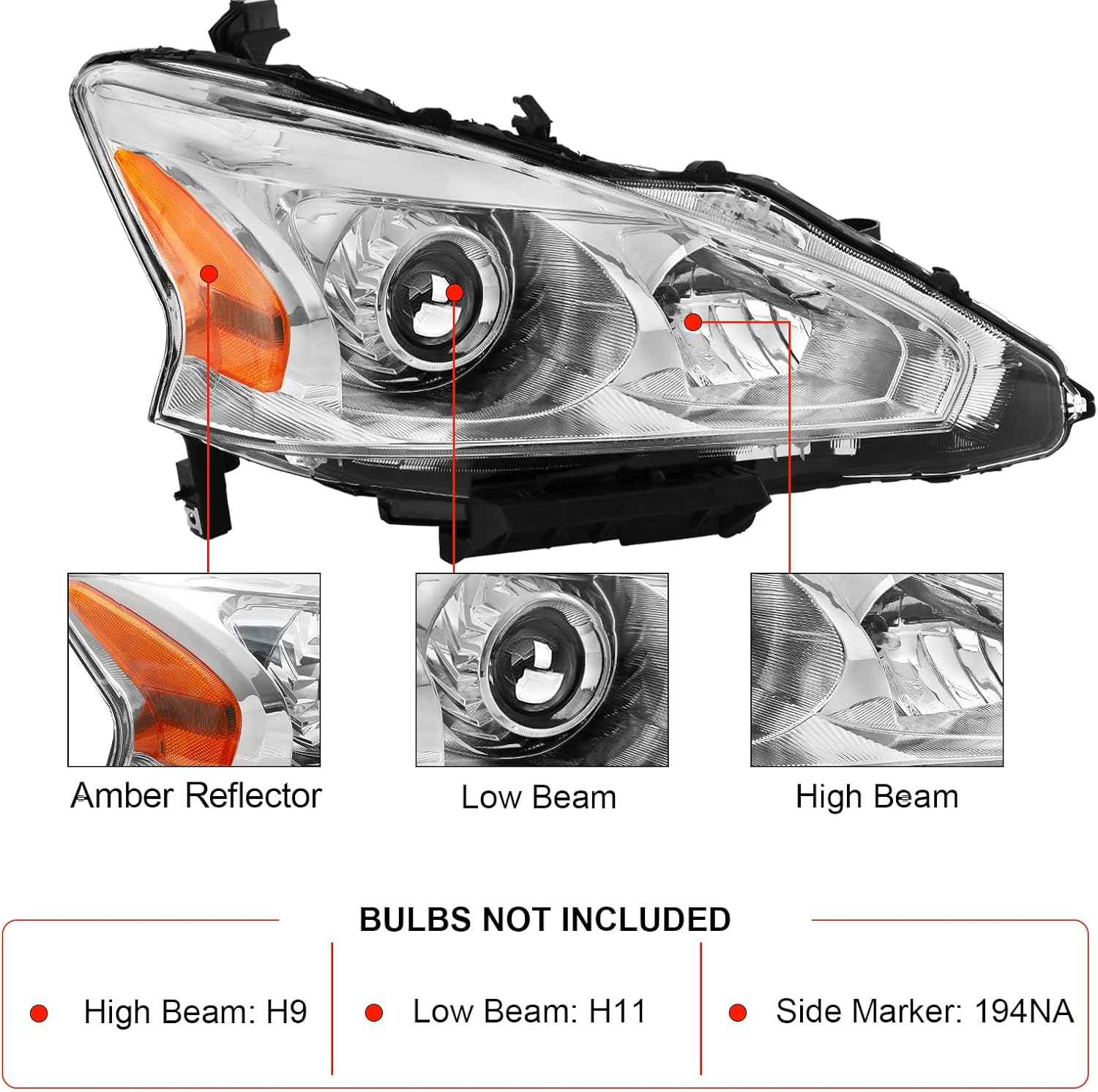 Headlight Assembly Compatible With 2013-2015 13-15 Nissan Altima 2013 2014 2015 13 14 15 Nissan Altima S/SL/SV-Only fit 4 - Door Chrome Housing Amber Reflector