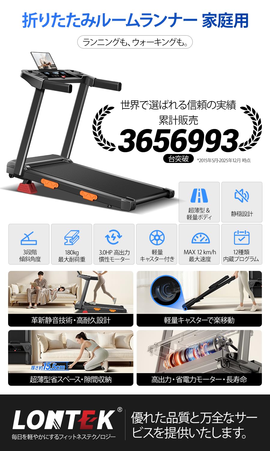 Amazon | LONTEK ルームランナー 家庭用 折りたたみ ランニングマシン 