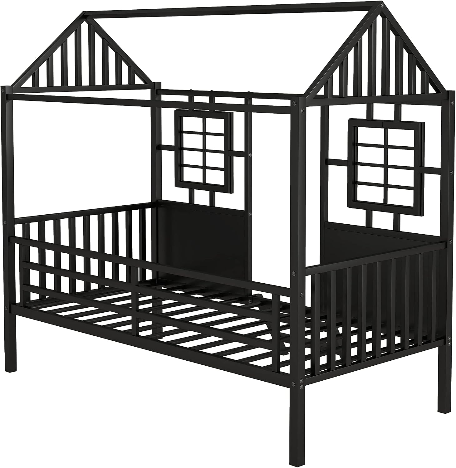 Bellemave Twin Size House Loft Beds Metal Low Bed Frame Kids Playhouse with Fence Railings Cabin for Girls Boys Teens, No Box Spring Needed Black With Fence
