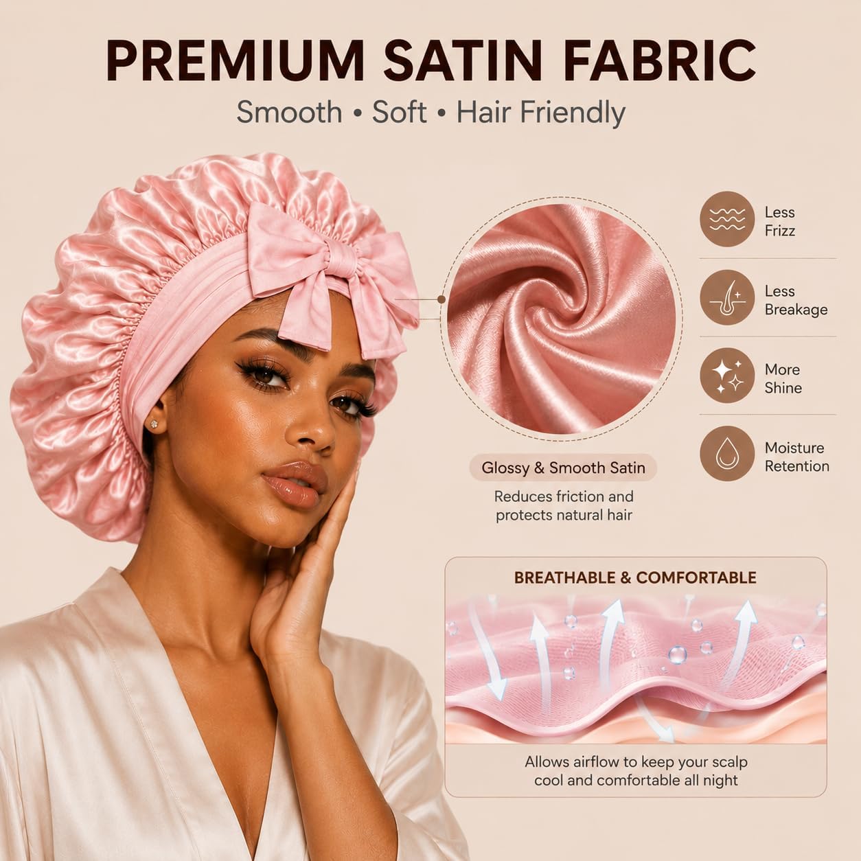 3 Pack Satin Bonnet for Sleeping Women, Large Silk Hair Bonnet for Long Thick Hair & Braids, Adjustable Tie Band Sleep Cap