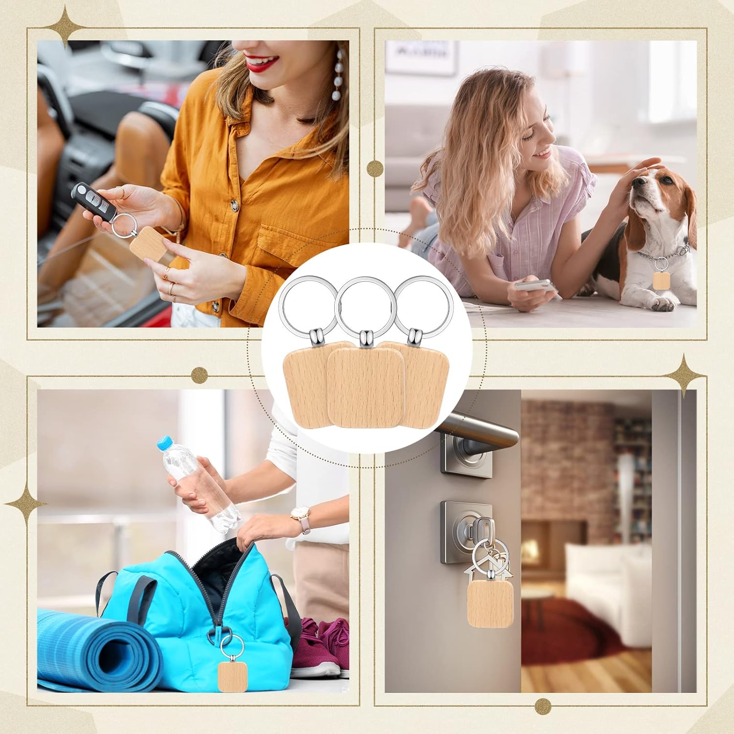 Yinkin 50 Pcs Wooden Keychain Blanks Bulk Laser Engraving Key Chain Unfinished Wooden Key Ring Tag for DIY Gift Crafts (Square) - Image 7