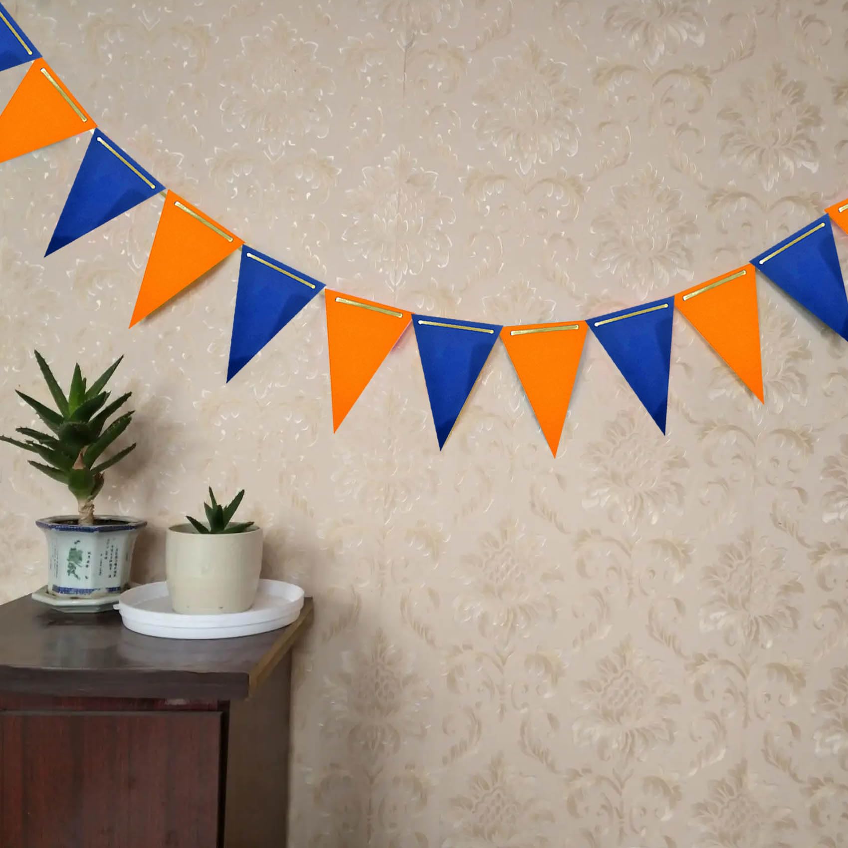 Banderín azul marino y naranja, paquete de 3 banderas triangulares de papel, decoración colgante perfecta para bodas, cumpleaños, baby shower, Halloween, fiesta familiar