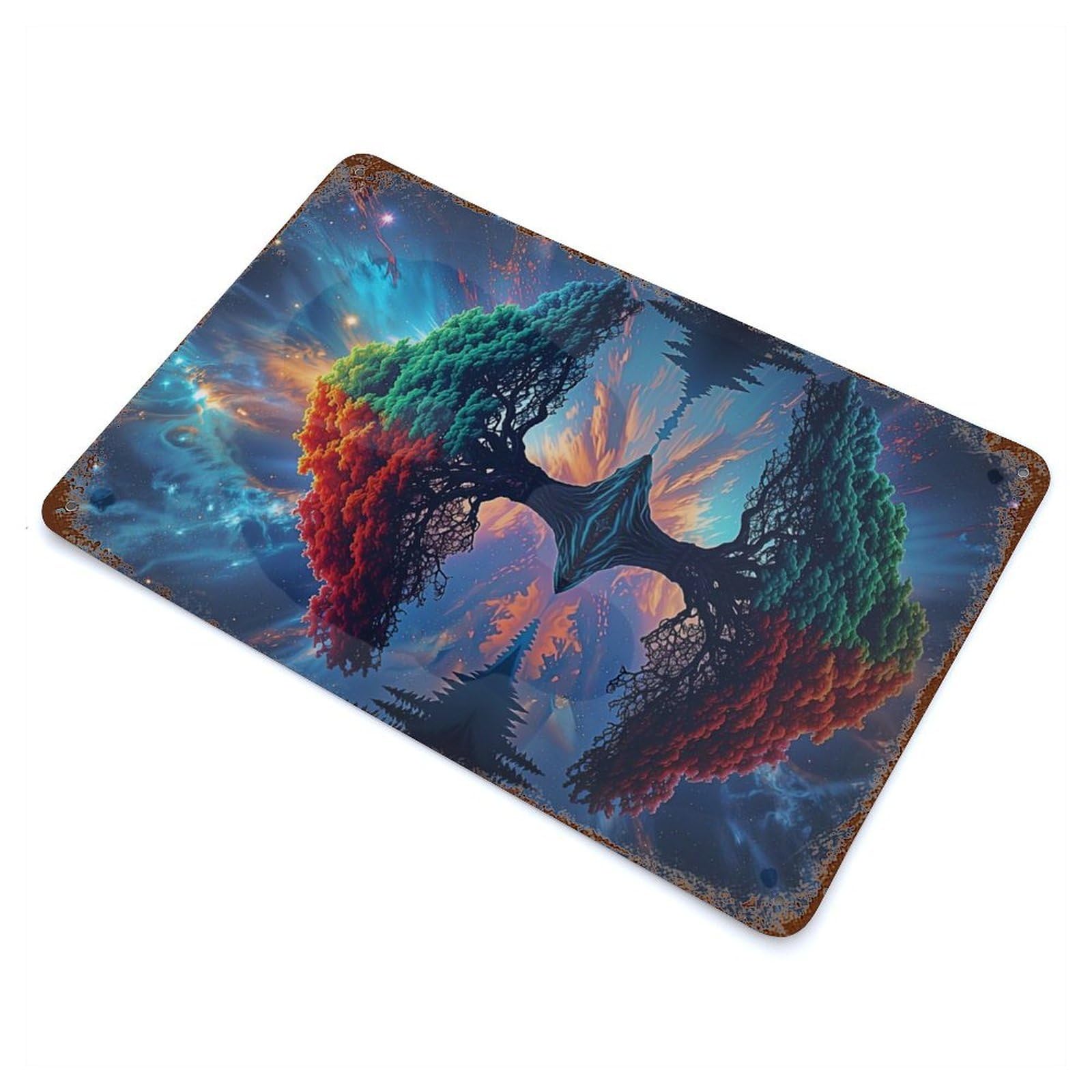 Cosmic Harmony Tree Landscape Rust Effect Tin Sign 11.8"x7.9", for Bistro, Counter And Cafe Decor, Decorative Metal Wall Art