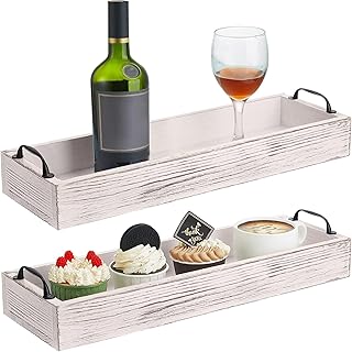 2 Pack Rustic Wooden Serving Trays with Handles Farmhouse Rectangular Wood Decorative Trays Long Narrow Rustic Platter for Kitchen Bathroom Living Room Bedroom Farmhouse Decor