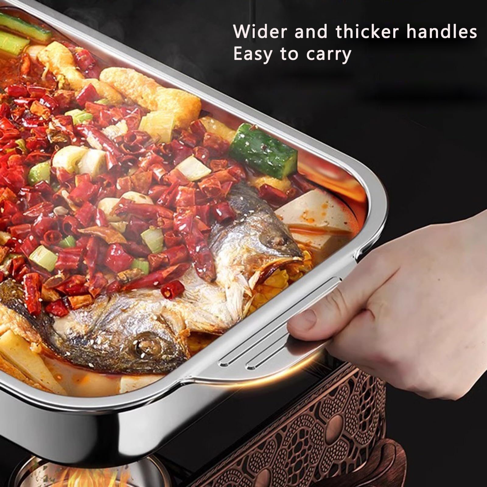 Sartén rectangular profunda de acero inoxidable para asar pollos, pescado, 5 tamaños, para lasaña, pasteles, brownies, plato de comida, plato de servir para pollo, carne y verduras (45 cm, poco