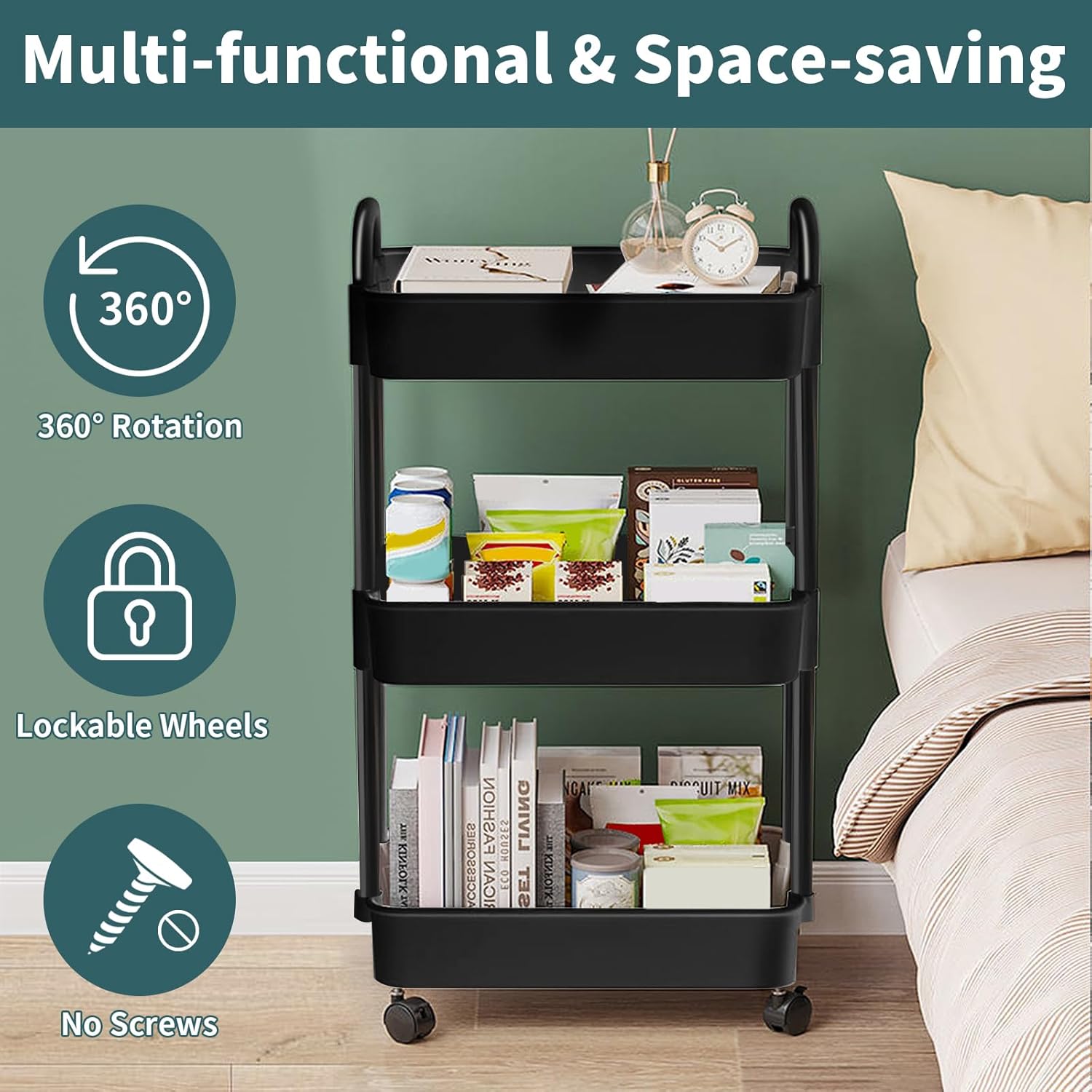 EZ COZY 3 Tier Rolling Cart, Plastic Diaper Cart Organizer with Wheels, Roller Cart for Diapers, Baby Nursery, Kitchen, Bathroom, Living Room and Bedside, Black