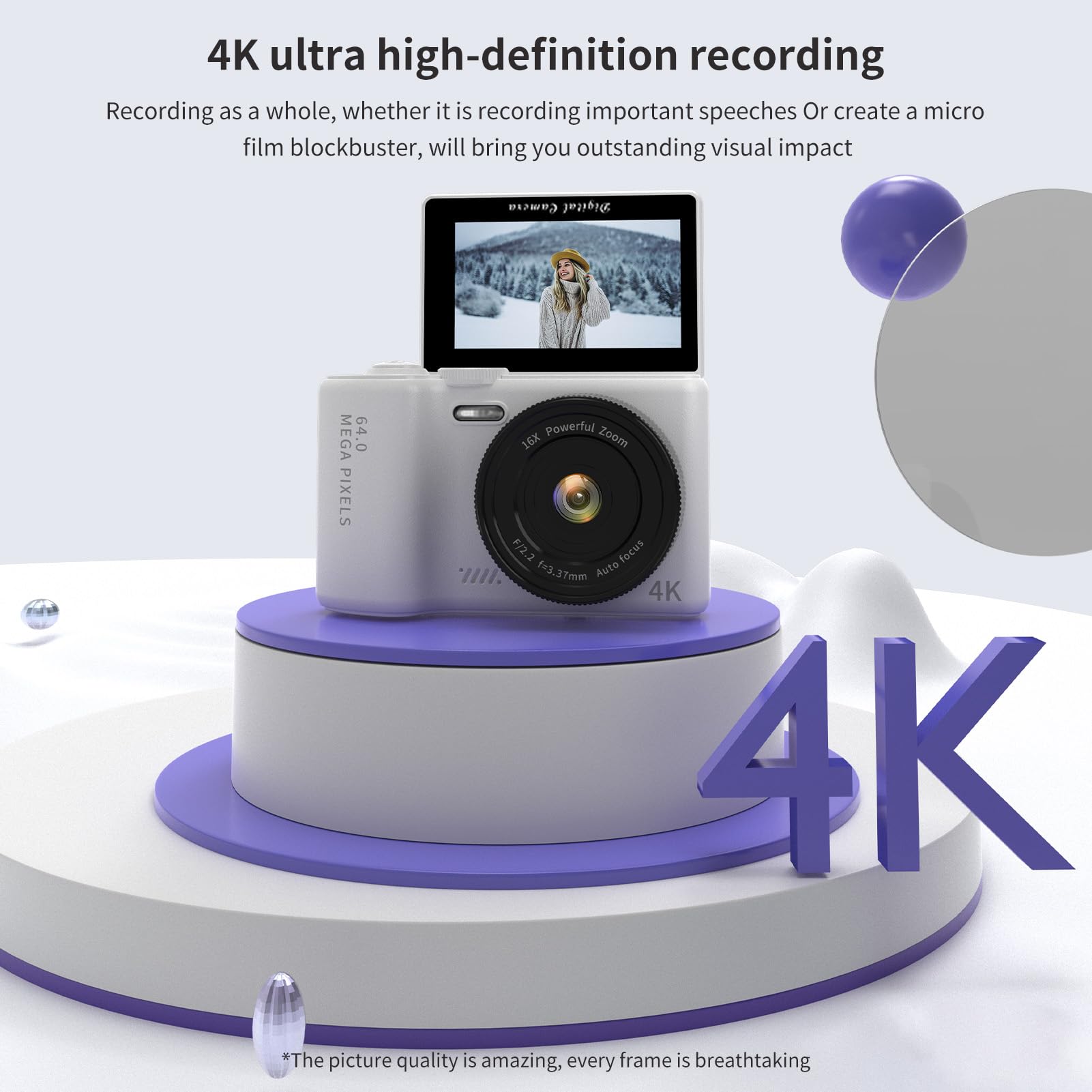 Andoer Cámara digital 4K plegable de 3 pulgadas, cámara WiFi de 64 MP, compacta portátil con zoom digital 16X, 32 GB TF, batería