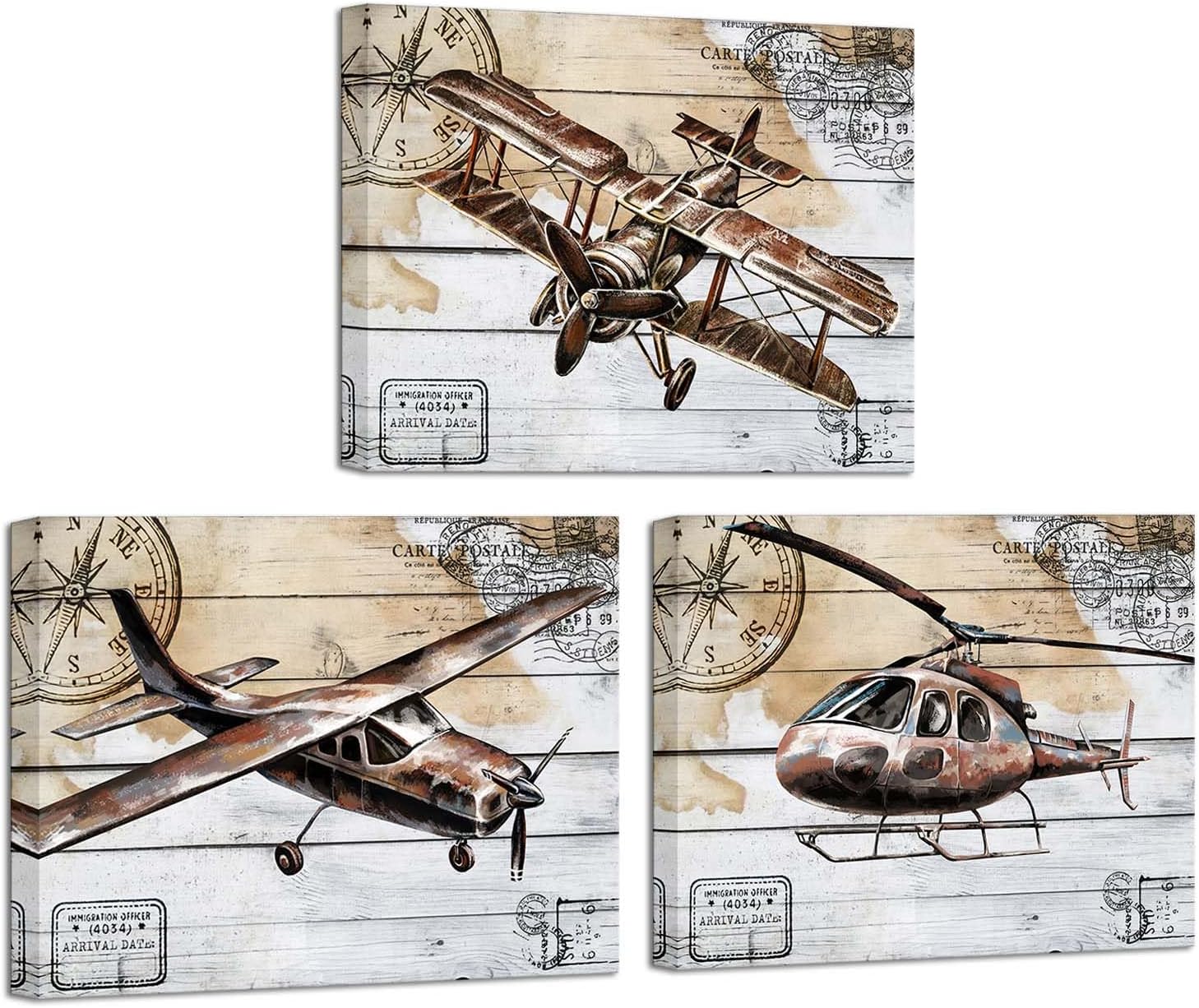 KLVOS Airplane Canvas Wall Art Retro Biplane Propeller Plane Helicopter Picture on Wood Texure Giclee Print Artwork Stretched and Framed Aircraft for Kids Boy Room Wall Decor 12x16inchx3pcs