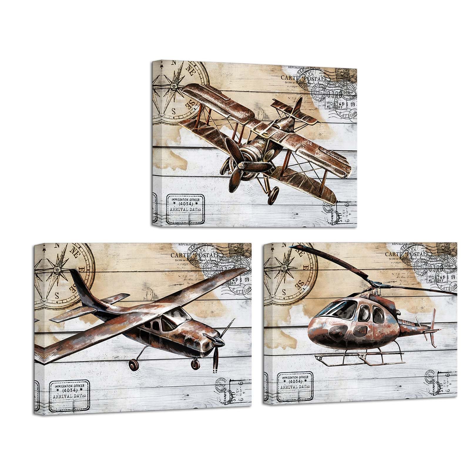 KLVOS Airplane Canvas Wall Art Retro Biplane Propeller Plane Helicopter Picture on Wood Texure Giclee Print Artwork Stretched and Framed Aircraft for