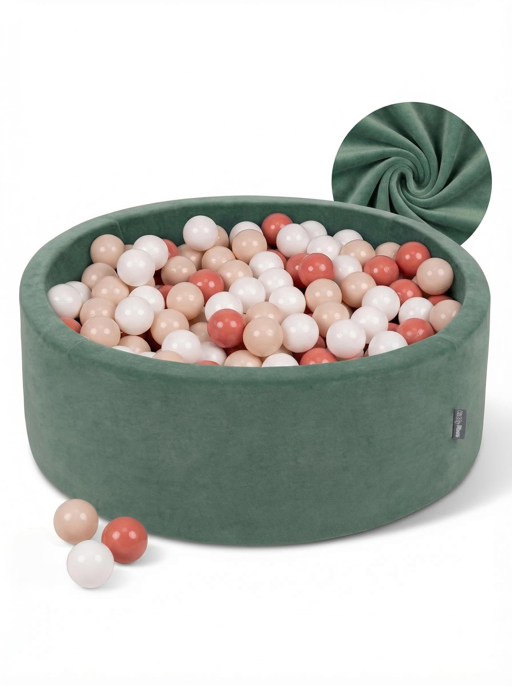 KiddyMoon Velluto Piscina di Palline 90X30cm/300 Palline ∅ 7CM per Bambini Tondo Fabbricato in EU, Velluto Verde: Beige Pastello/Salmone/Bianco