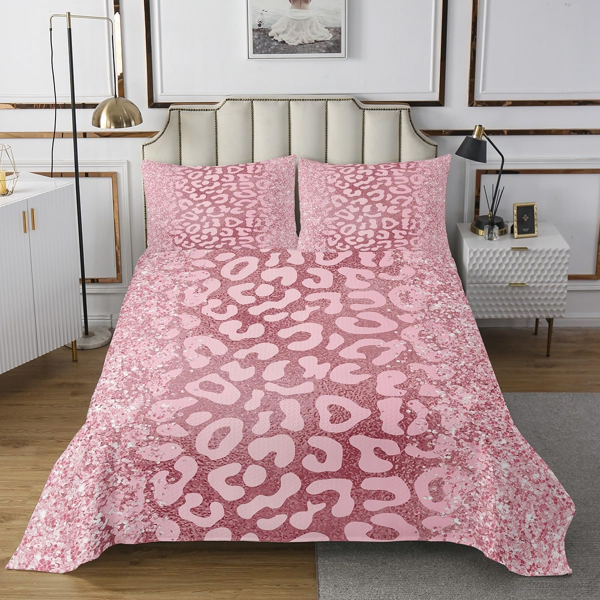 Castle Fairy Wild Animal Skin Skin Bedspread Queen Size Bedding for Teens Living Room Pink Black Glitter Print Decor Coverlet Set Leopard Print Quilt Set for All Season,3 Pcs with 2 Pillowcases
