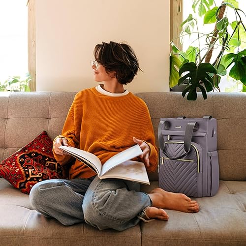 LOVEVOOK Bolsa de mano acolchada para laptop de trabajo para mujer, Púrpura, gris