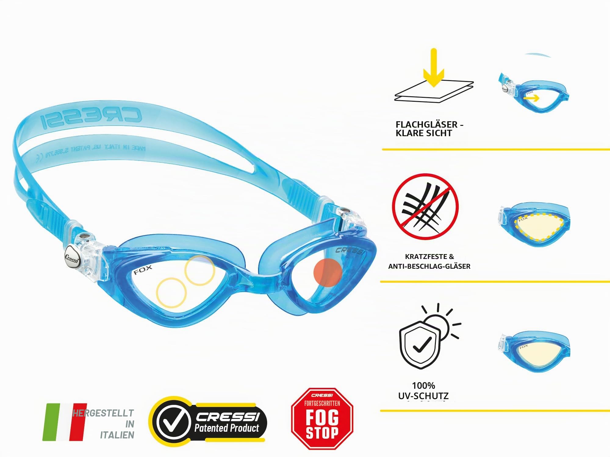 Cressi Fox Goggles - Premium Schwimmbrille für Erwachsene Pool und Wassersport, Anti-Fog 100% Anti UV, Einheitsgröße