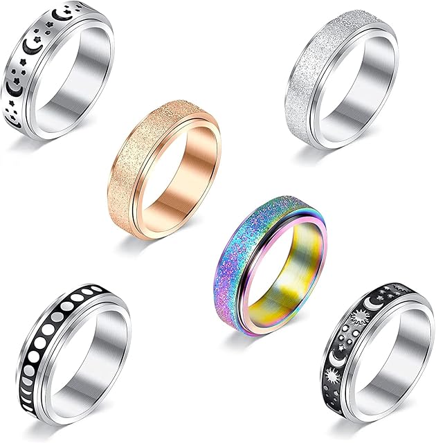6 Pcs Fidget Rings for Anxiety Relieving Ring Stainless Steel Band Rings Set Ring for Women, Spinner Rings Stress Relieving Ring Rotatable Anti-Stress and Stress Relief Ring