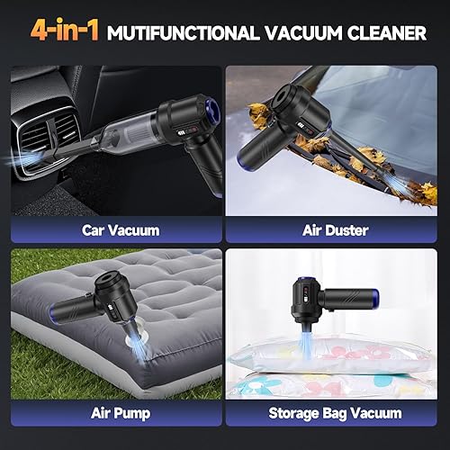 Miniatura 3 de Aspiradora de coche portátil inalámbrica de alta potencia, pequeña aspiradora 4 en 1, plumero de aire comprimido, soplador de aire y bomba de mano,