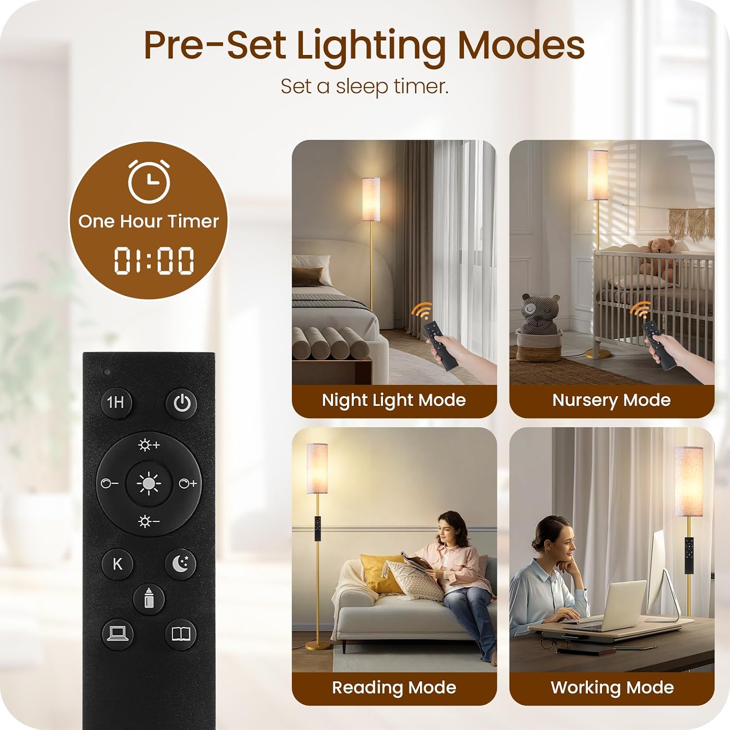 Dimmable Floor Lamps for Living Room with Remote and Foot Switch, 64.4” Modern Standing Tall Lamp, Corner Lamp for Bedroom, Bulb Included, 3000K-6500K, White and Gold, FCC Listed DW06LD05W1 thumbnail