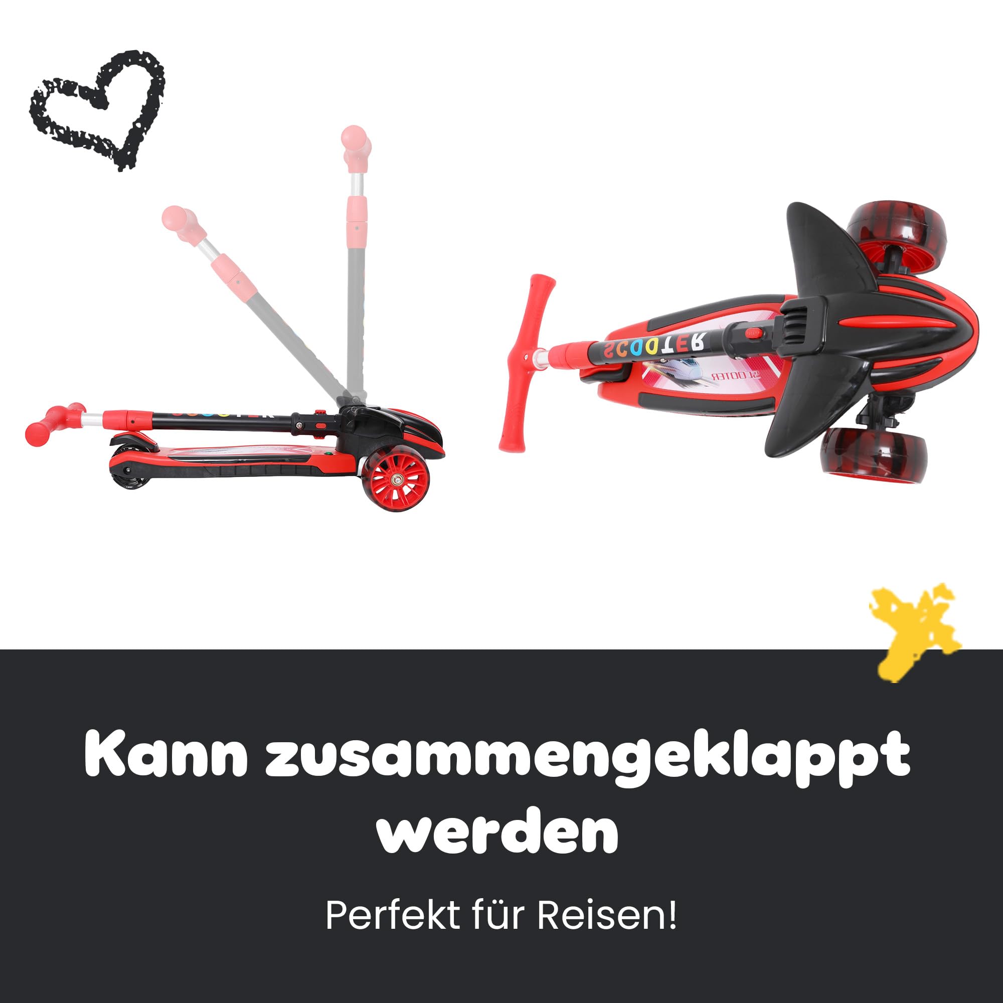 Habib Kinderroller 3 Rad – LED Leuchträder, klappbar, 4-Fach Höhenverstellbar, Tretroller für Jungen & Mädchen 3-8 Jahre (4 Farben)